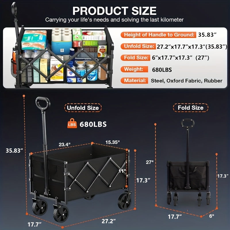 220/450/680 LBS Heavy-Duty Foldable All-Terrain Cart, Stainless Steel Frame Multifunctional Transport Wagon for Camping Gardening Beach Shopping Party