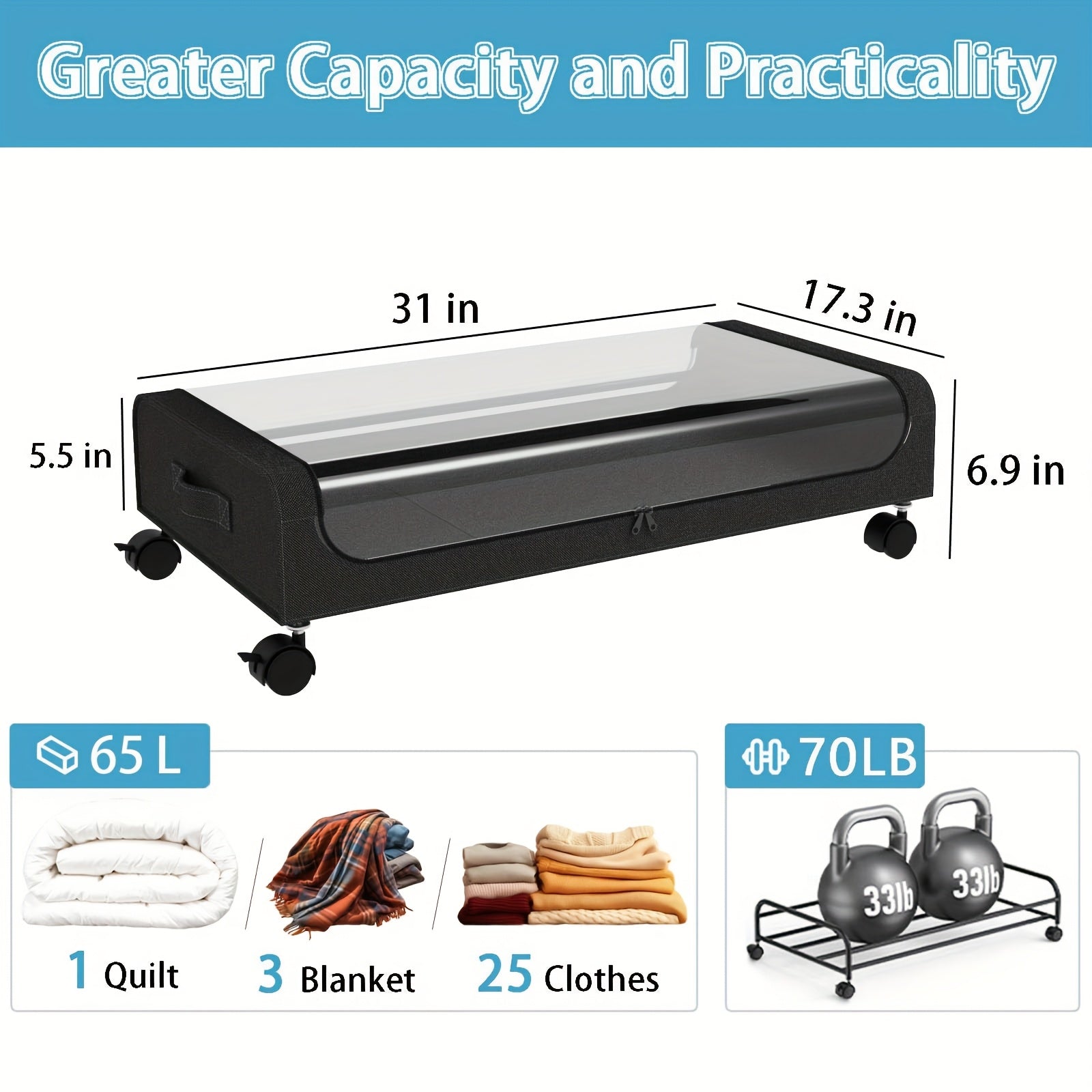 2 Pack XXL 17.17gal Underbed Storage Containers, Oxford Cloth Under Bed Organizer with Wheels for Clothes Bedding Shoes Blankets Books