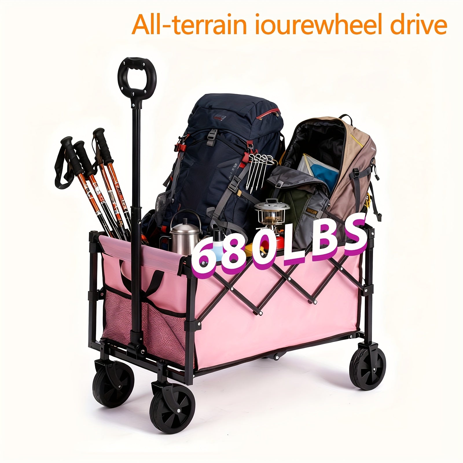 220/450/680 LBS Heavy-Duty Foldable All-Terrain Cart, Stainless Steel Frame Multifunctional Transport Wagon for Camping Gardening Beach Shopping Party